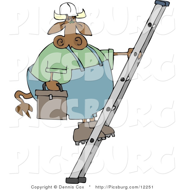 Clip Art of a Handyman Cow Climbing up a Ladder with a Toolbox