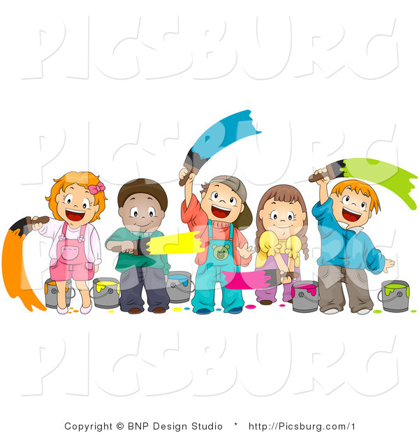Clip Art of a Happy Group of Diverse Kids Painting with Paint Brushes