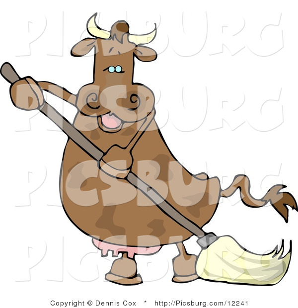 Clip Art of a Happy Human-like Spotted Brown Housewife Cow the Mopping Floor