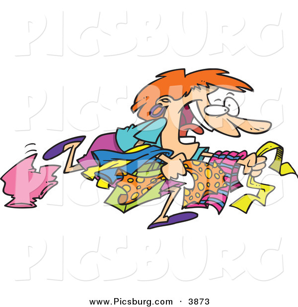Clip Art of a Happy White Woman Running to Get the Best Bargains While Christmas Shopping