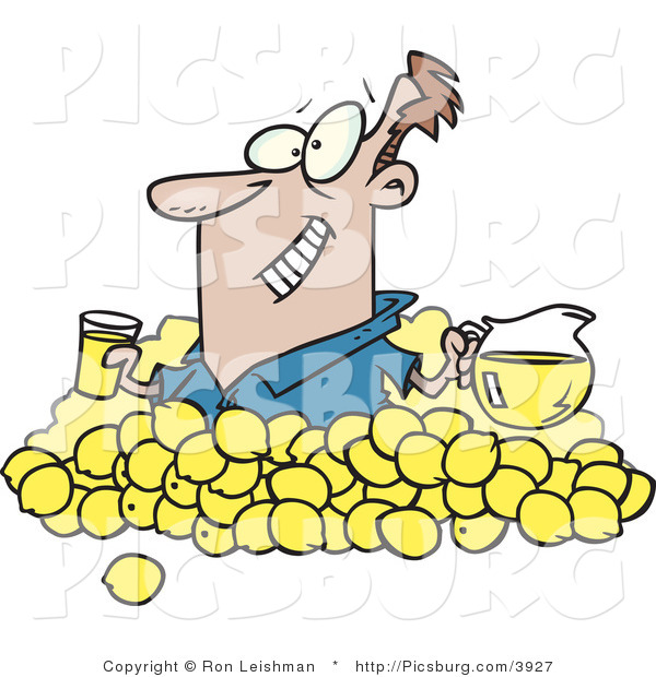 Clip Art of a Happy Widely-Grinning Man with Lemons, Pitcher of Lemonade and a Glass of Juice