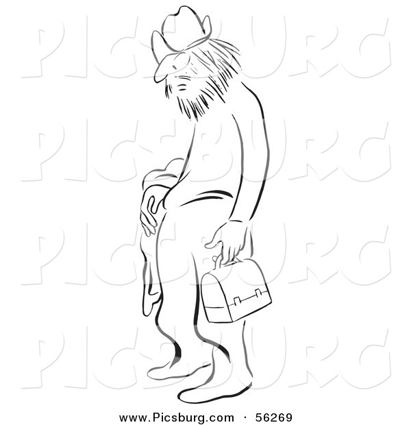Clip Art of a Homeless Man Carrying Toolbox - Black and White Line Art