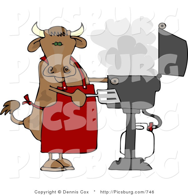 Clip Art of a Horned Cow Cooking BBQ on an Outdoor Propane Grill