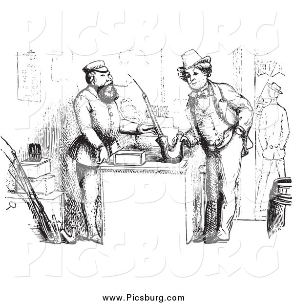 Clip Art of a Intage Man Buying a German Pipe in Black and White