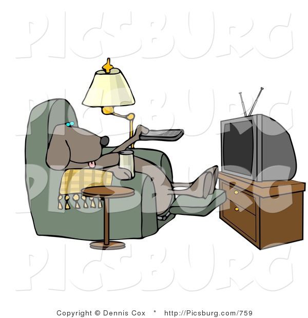 Clip Art of a Lazy Dog Relaxing in a Recliner with a Beer, Changing TV Channels with Remote Controller