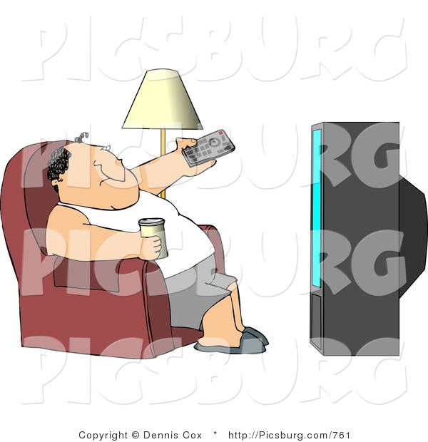 Clip Art of a Lazy Fat Male Sitting on a Couch, Channel Surfing the TV, and Drinking Beer