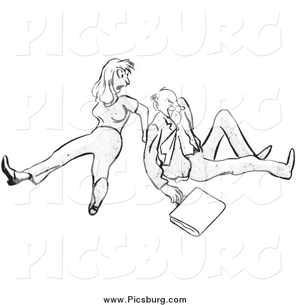 Clip Art of a Mad Man and Woman After Falling Black and White