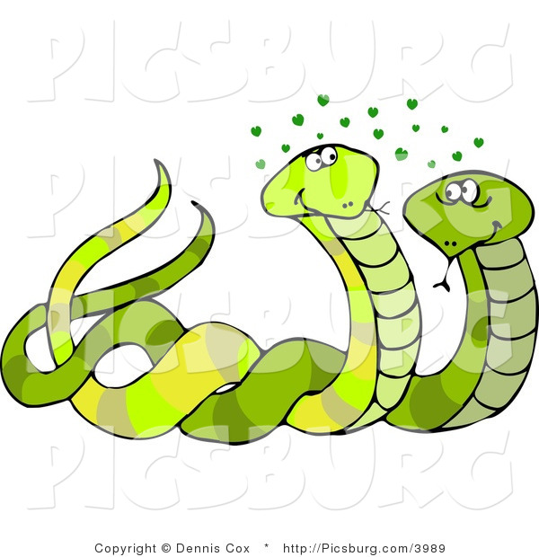 Clip Art of a Male and Female Snakes Mating with Green Hearts over Their Head