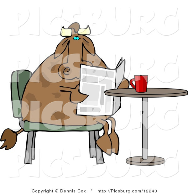 Clip Art of a Male Bull Cow Reading the Daily Newspaper with Coffee