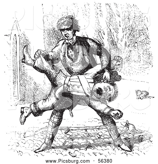 Clip Art of a Man Beating up a Guard in Black and White