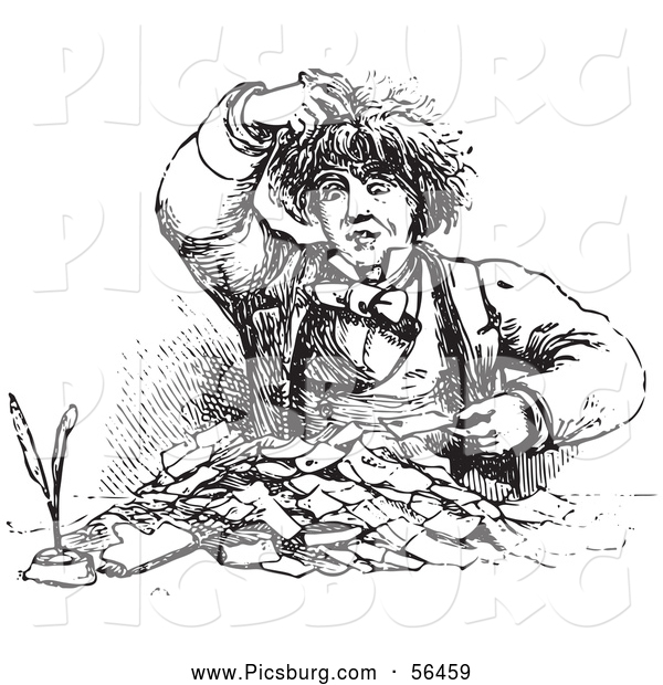 Clip Art of a Man Going Through Receipts in Black and White