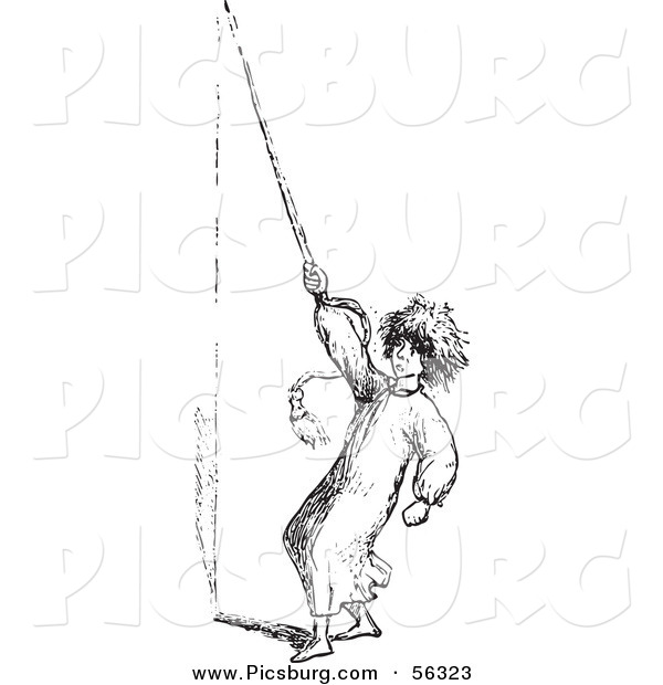 Clip Art of a Man Ringing a Bell for Help with Mosquitoes - Black and White