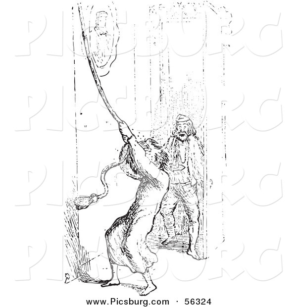 Clip Art of a Man Ringing a Bell for Help with Mosquitoes - Black and White Version 2