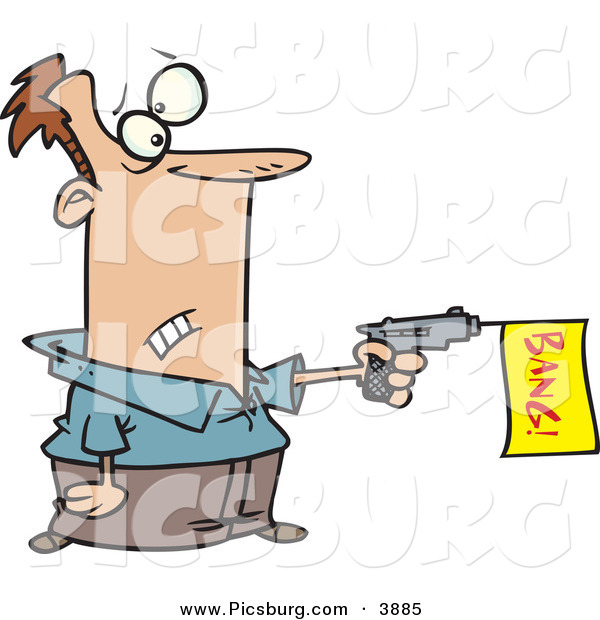 Clip Art of a Man Shooting a Dud Gun with a Yellow Bang Flag in Shooting out