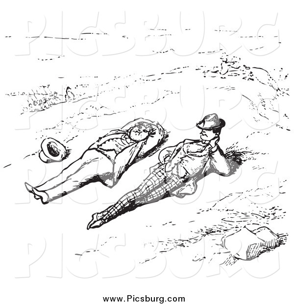 Clip Art of a Men Relaxing Outdoors, in Black and White
