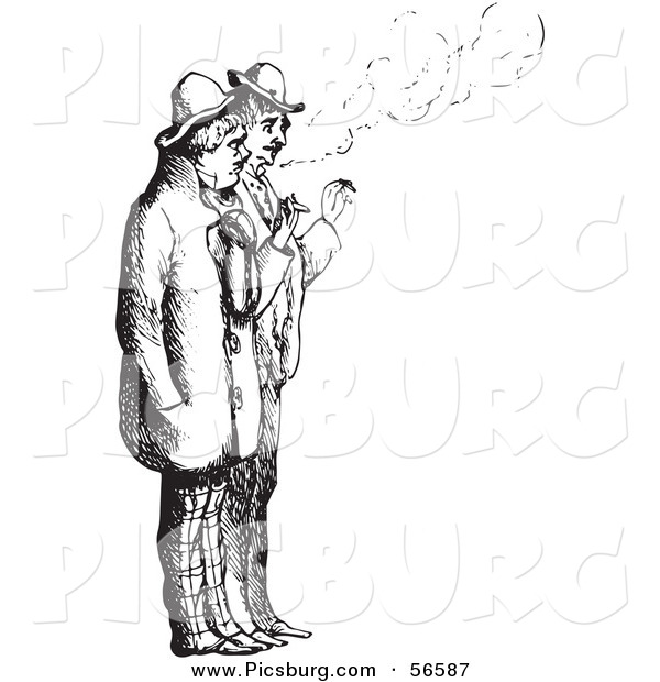 Clip Art of a Men Smoking Cigarettes - Black and White