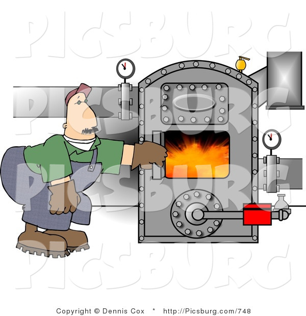 Clip Art of a Middle Aged Man Opening the Door of a Hot Boiler with Valves