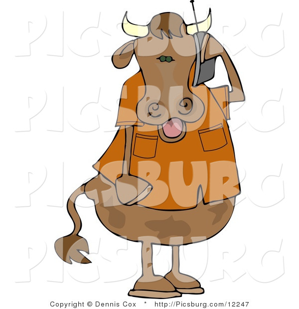 Clip Art of a Modern Human-like Male Cow Talking on a Cellular Telephone