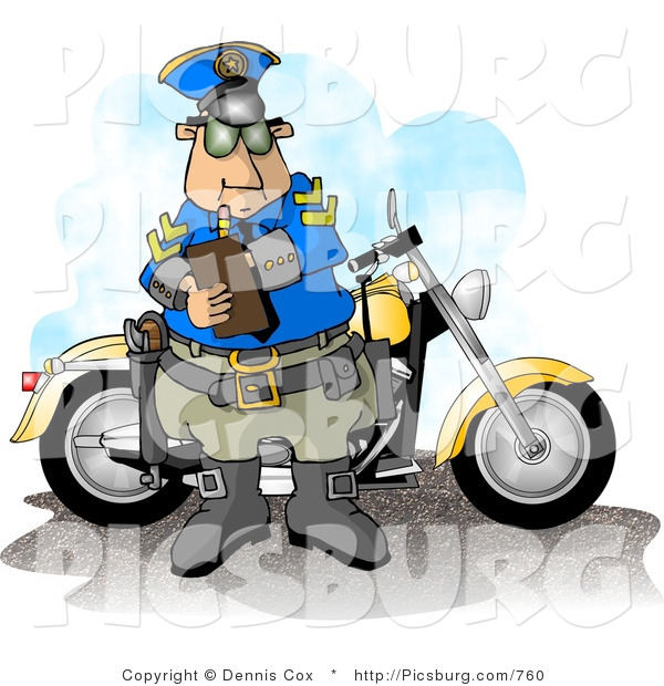 Clip Art of a Motorcycle Cop Filling out a Traffic Citation/Ticket Form by His Bike