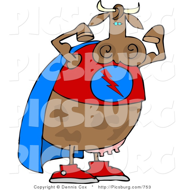 Clip Art of a Muscular and Strong Brown Superhero Cow Wearing a Cape and Flexing Arm Muscles