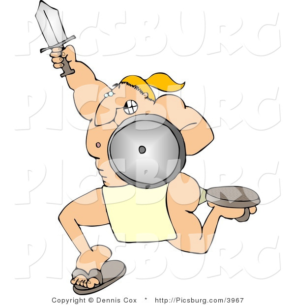 Clip Art of a Muscular Warrior Man Charging into to Battle with a Sword and Shield
