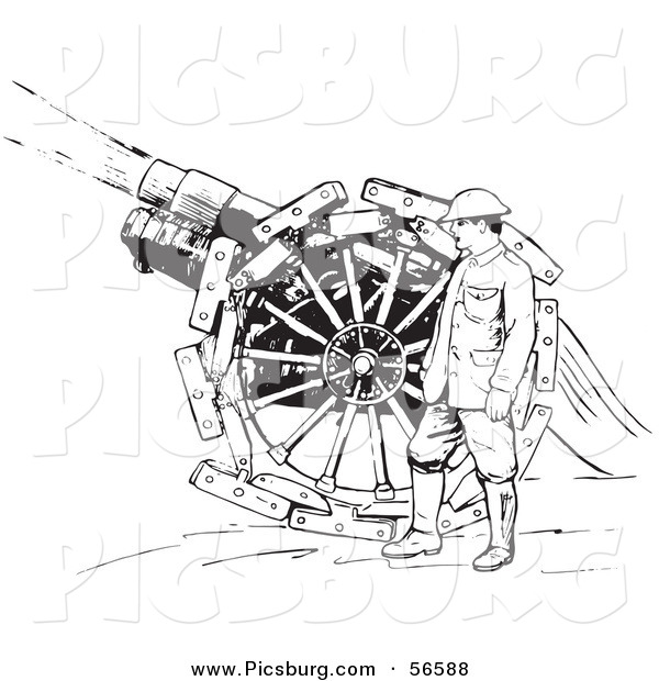 Clip Art of a Navy Soldier Shooting Siege Gun - Black and White