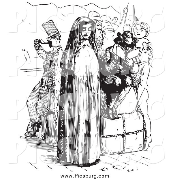 Clip Art of a Nun and People on a Boat in Black and White