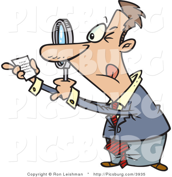 Clip Art of a Paranoid White Man Using a Magnifying Glass to Read Fine Print on a Document