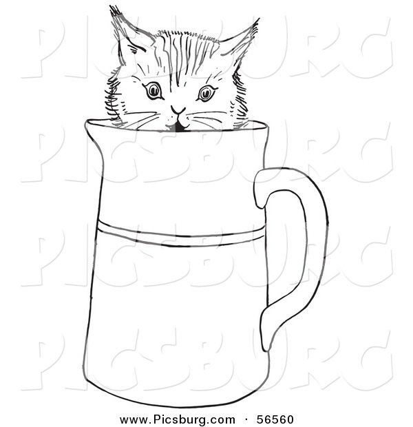 Clip Art of a Playful Kitten in a Water Pitcher - Black and White Line Art
