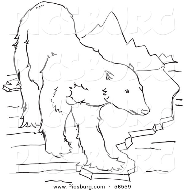 Clip Art of a Polar Bear Standing on an Ice Ledge near Mountains - Black and White Line Art
