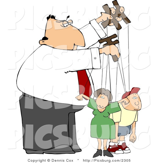 Clip Art of a Puppeteer Businessman Easily Controlling the People in His Life - Concept Clipart