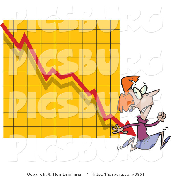 Clip Art of a Red Headed Afraid Woman Running from a Bar on a Declining Graph