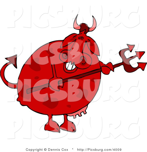 Clip Art of a Red Spotted Male Devil Cow Holding a Pitchfork