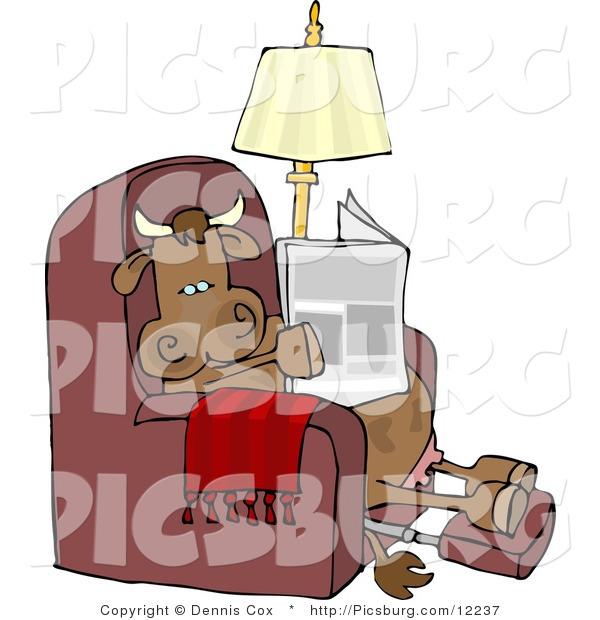 Clip Art of a Relaxed Cow Sitting on a Recliner Chair and Reading a Newspaper with His Feet up