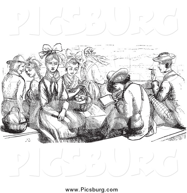 Clip Art of a Retro Group of People Sitting on a Boat in Black and White