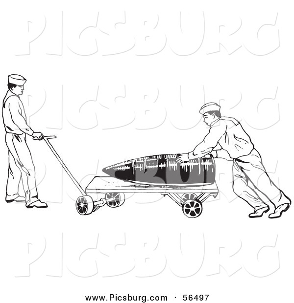 Clip Art of a Retro in US Navy Soldiers Hauling a Large Ammunition Shell Black and White
