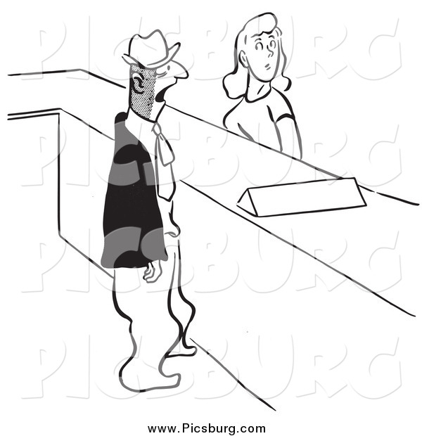 Clip Art of a Retro Man and Woman at a Help Desk Black and White