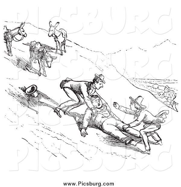 Clip Art of a Retro Man Falling off a Donkey on a Hillside, in Black and White