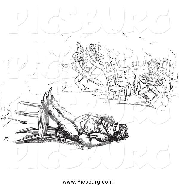 Clip Art of a Retro Man Sleeping in a Toppled Chair in Black and White