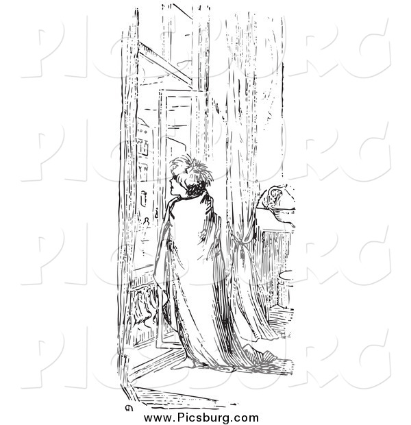 Clip Art of a Retro Man Wrapped in a Blanket at a Window in Black and White