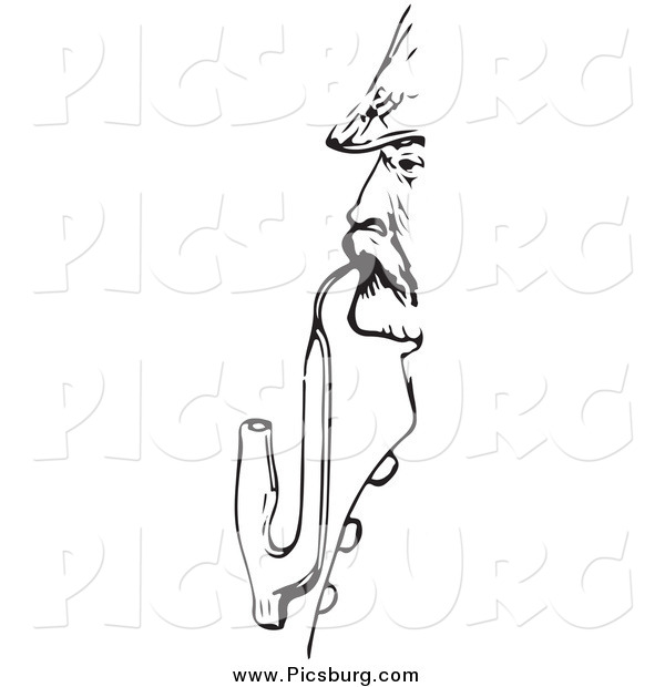 Clip Art of a Retro Profiled Man with a Pipe in Black and White