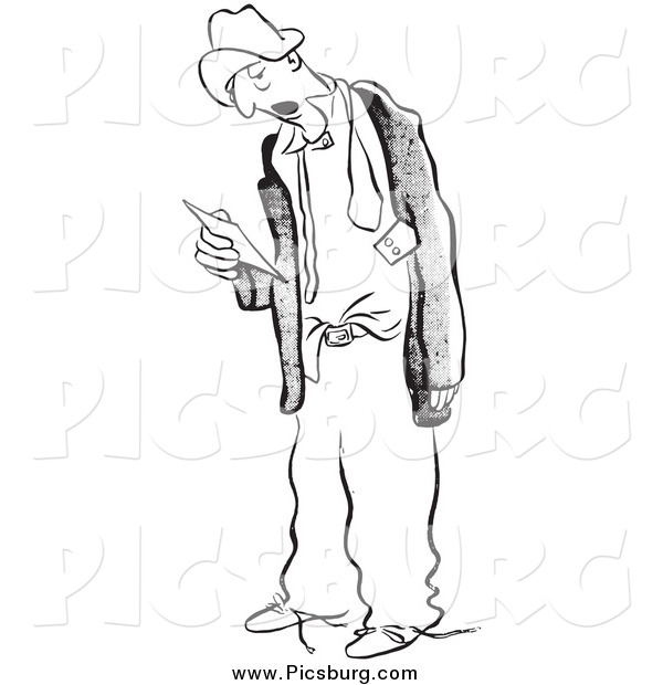 Clip Art of a Retro Tired Worker Man Holding a Time Sheet Black and White