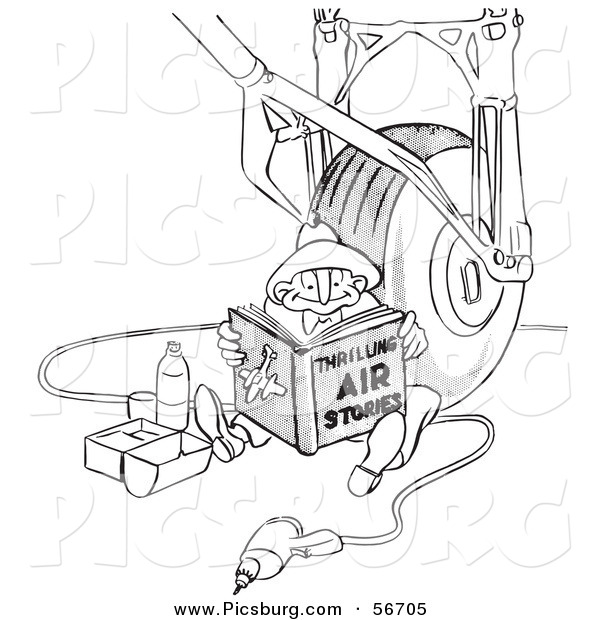 Clip Art of a Retro Vintage Airplane Assembly Worker Man Reading and Eating Lunch by a Airplane Wheel, in Black and White