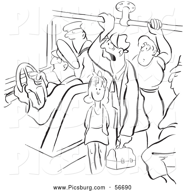 Clip Art of a Retro Vintage Coloring Page Outline of Many People on a Crowded Bus Black and White