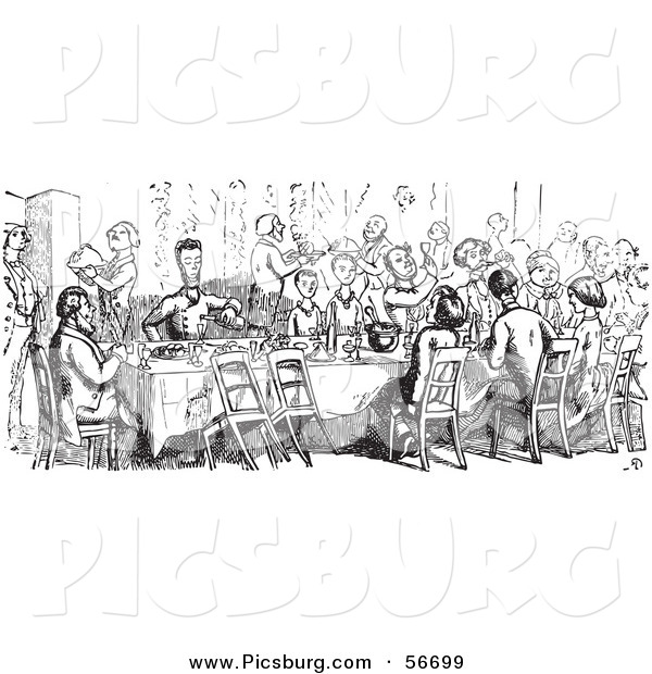 Clip Art of a Retro Vintage Crowd Dining in a Black and White Outline