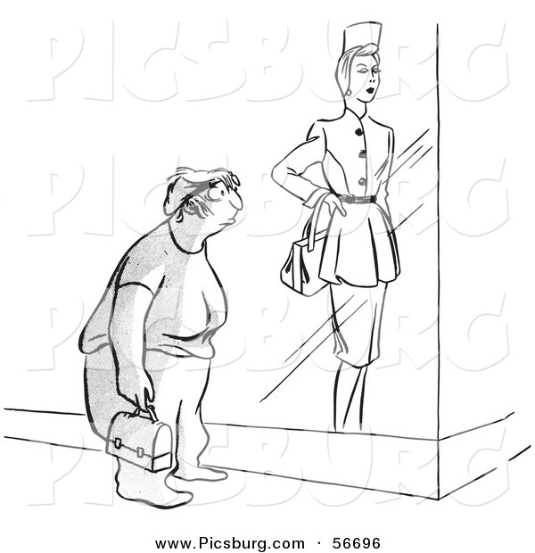 Clip Art of a Retro Vintage Frumpy Worker Woman Viewing a Store Display Model Black and White