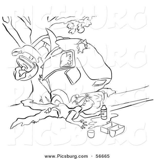 Clip Art of a Retro Vintage Man Collecting Gas from a Leaky Tank After a Car Wreck Black and White Coloring Page Outline