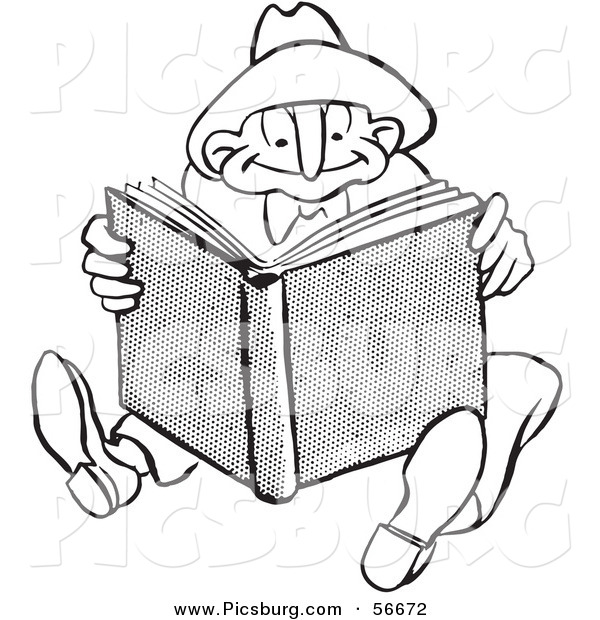 Clip Art of a Retro Vintage Man Reading a Book Black and White Coloring Page