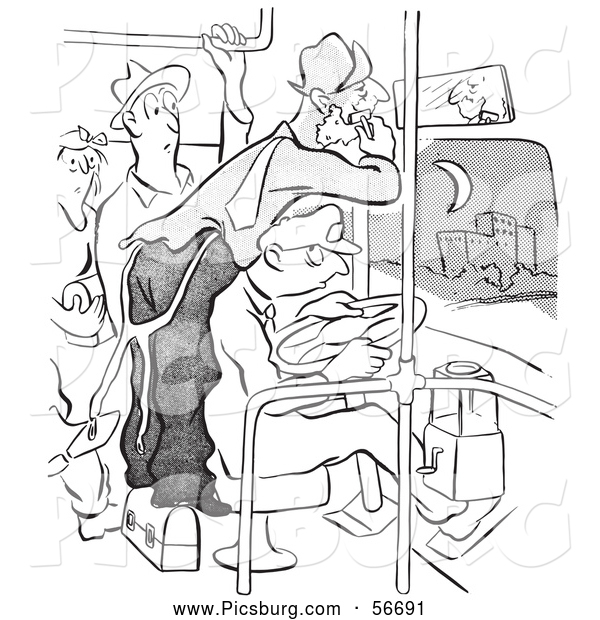 Clip Art of a Retro Vintage Man Shaving on a Crowded Bus Black and White Coloring Page