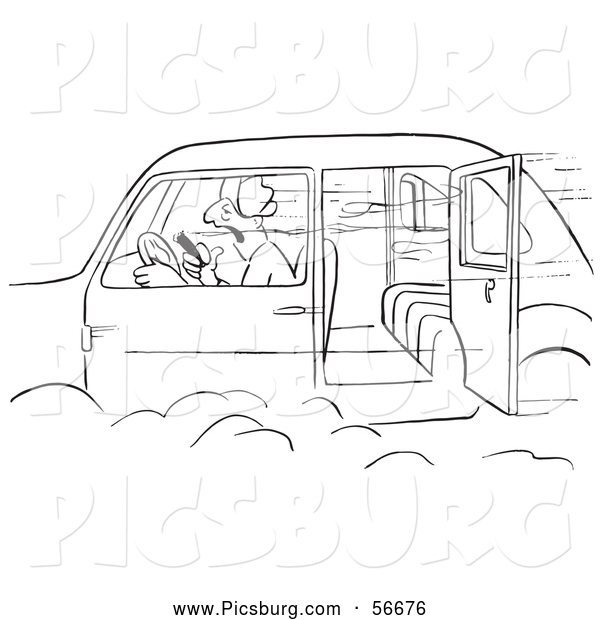 Clip Art of a Retro Vintage Man Smoking a Cigar in a Speeding Car with an Open Door Black and White - Coloring Page Outline